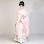 Soft pink Ming-style Hanfu with a standing-collar robe and horse-face skirt