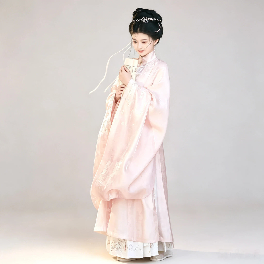Traditional-inspired pink Hanfu with a high standing collar