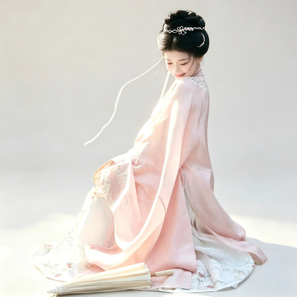 Soft pink Ming-style robe and pleated horse-face skirt set
