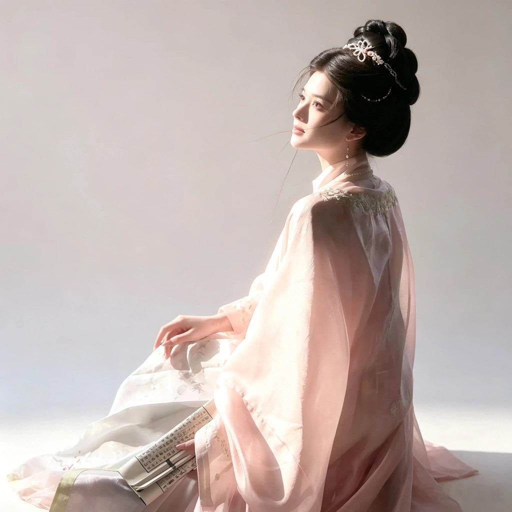 Pink Hanfu outfit with a Liling Paoshan top and long skirt