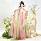 Blush pink and sage green Tang-style Qixiong Ruqun with an embroidered skirt