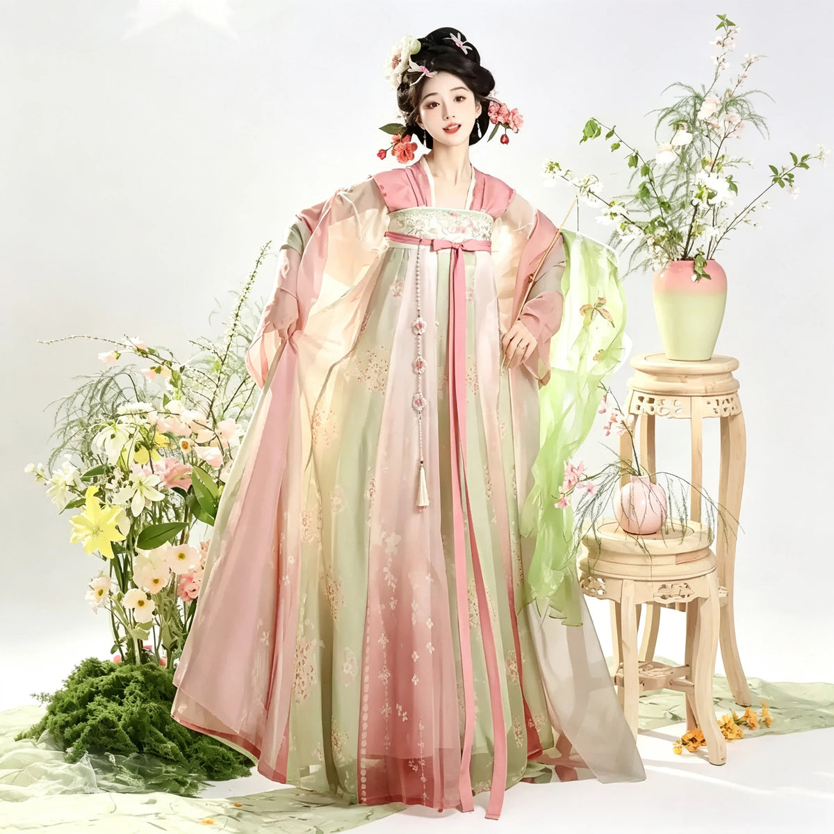 Blush pink and sage green Tang-style Qixiong Ruqun with an embroidered skirt
