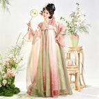 Women's high-waisted Tang-inspired Hanfu dress with a sheer draped shawl
