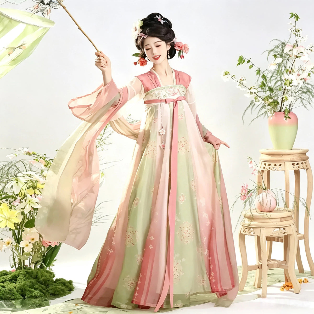 Pink and green embroidered chest-high Ruqun Hanfu set