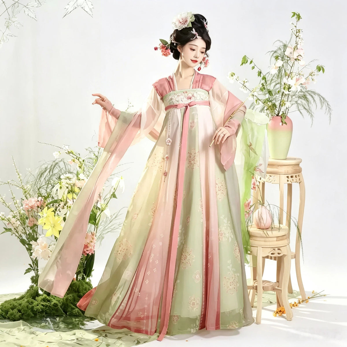 Tang-style Hanfu in blush pink and green with a flowing sheer shawl