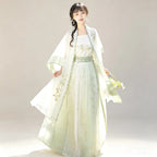 Pistachio green and white Song-style Hanfu with a sheer Beizi cardigan