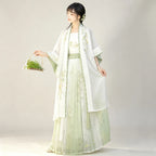 Sheer green Hanfu long cardigan paired with a white skirt