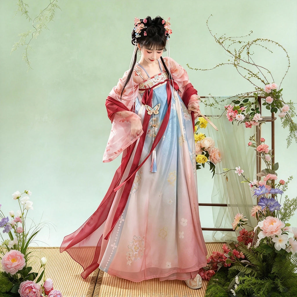 Women's Qixiong Ruqun with red and blue floral fabric