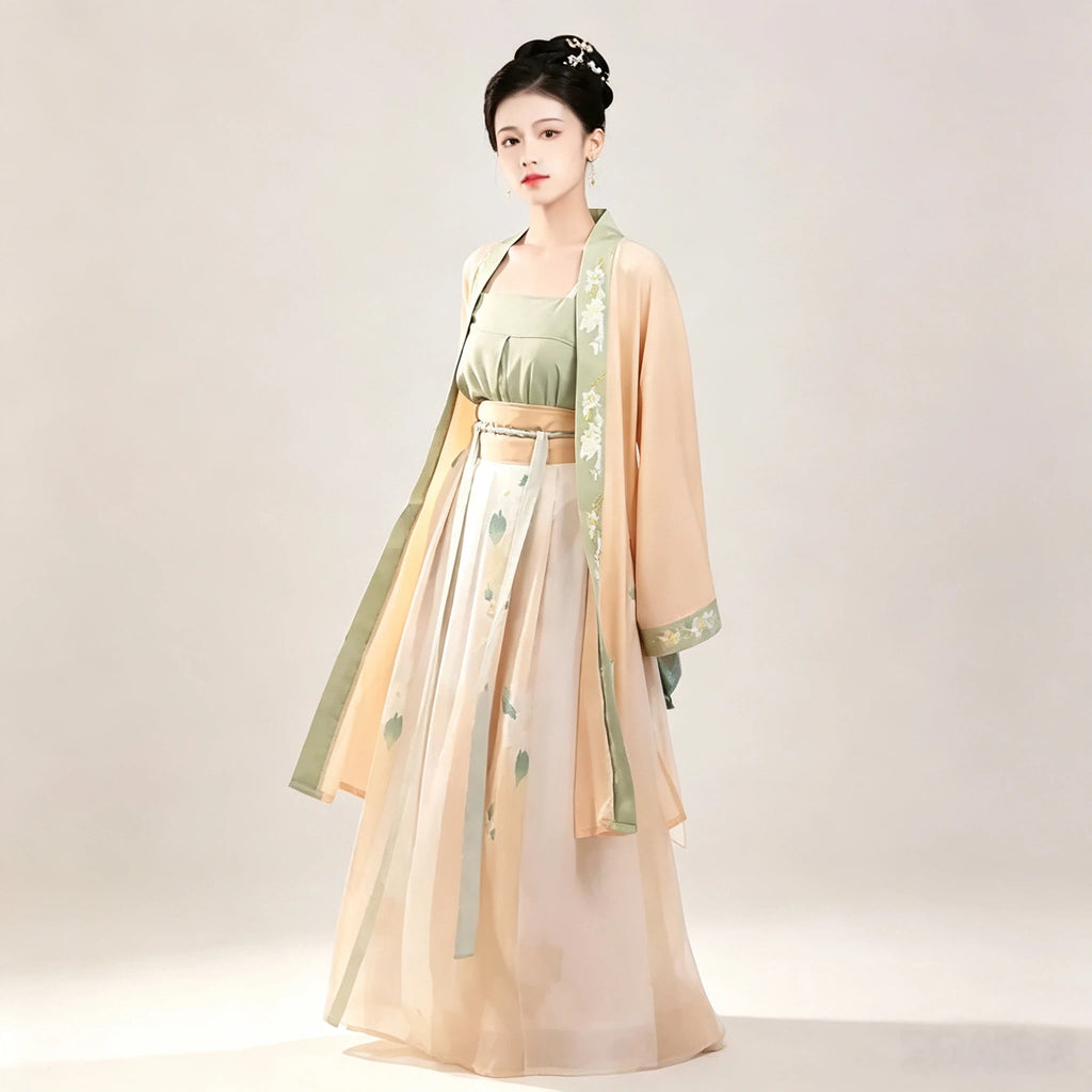 Green and pale orange Hanfu three-piece set with floral detailing