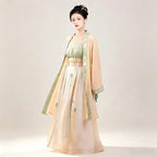 Green and pale orange Hanfu three-piece set with floral detailing