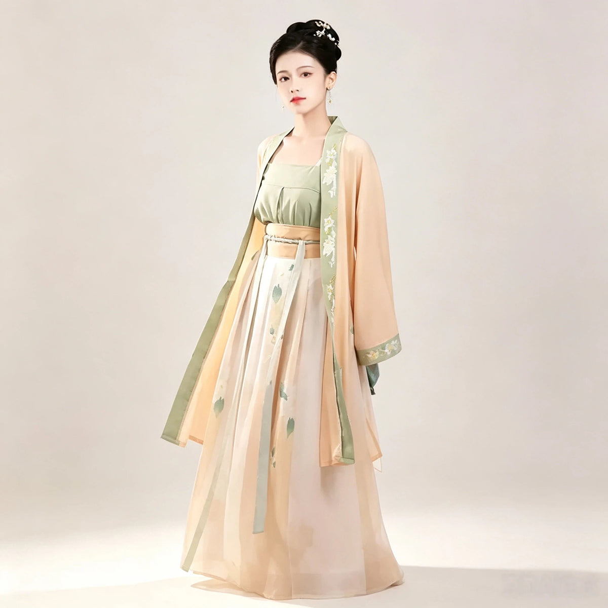 Green and pale orange Hanfu three-piece set with floral detailing