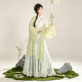 Sage green and white Wei-Jin style Hanfu with embroidered wide sleeves and layered skirt