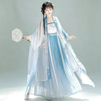 Women's blue Hanfu outer cardigan paired with a white skirt