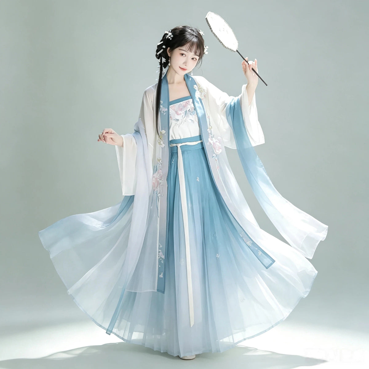 Women's three-piece sky blue and white Hanfu set