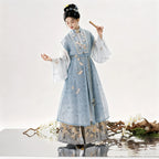 Slate blue Song-style Hanfu with a long Bijia vest and gold brocade skirt