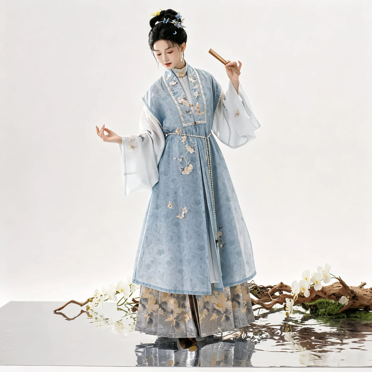 Slate blue Song-style Hanfu with a long Bijia vest and gold brocade skirt