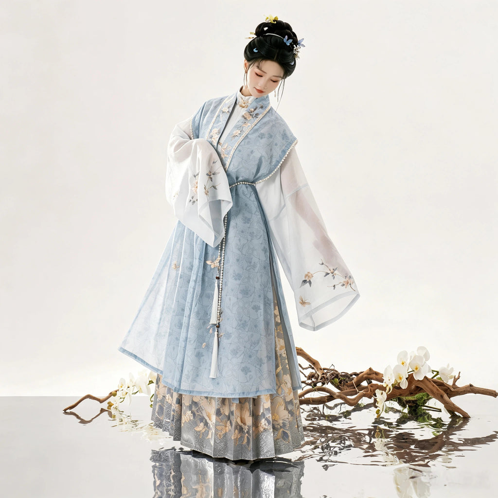 Gold floral brocade Hanfu skirt with slate blue outer vest