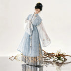 Gold floral brocade Hanfu skirt with slate blue outer vest