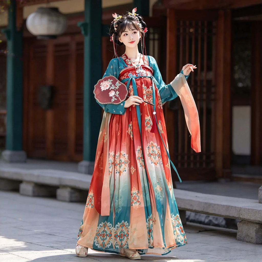Tang-style women's Hanfu skirt set in teal blue and vermilion