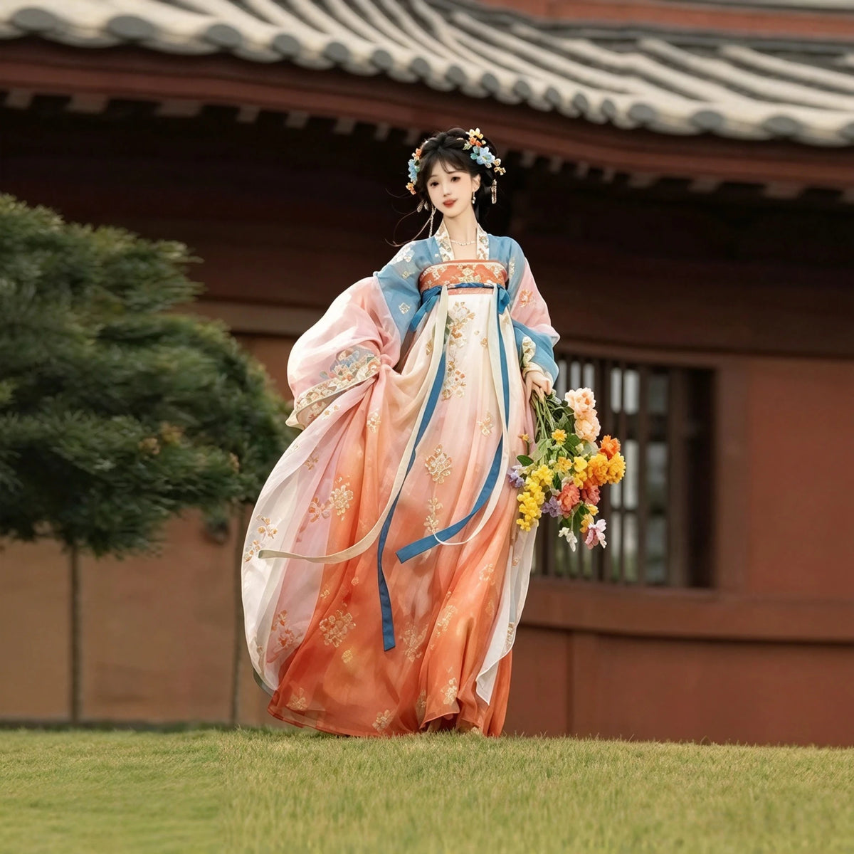 Tang-inspired orange and blue Hanfu outfit with a high-waisted skirt