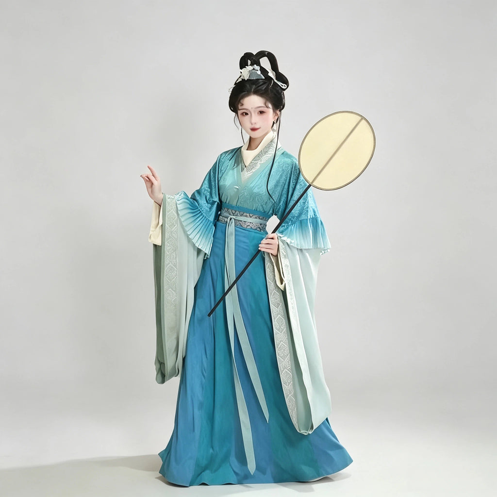 Teal blue ombre Wei-Jin style Hanfu with wide sleeves and jacquard fabric