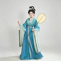 Teal blue ombre Wei-Jin style Hanfu with wide sleeves and jacquard fabric