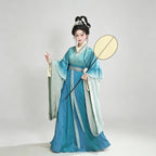 Teal blue ombre Wei-Jin style Hanfu with wide sleeves and jacquard fabric