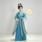 Women's teal gradient crossover Hanfu robe and flowing Ruqun skirt