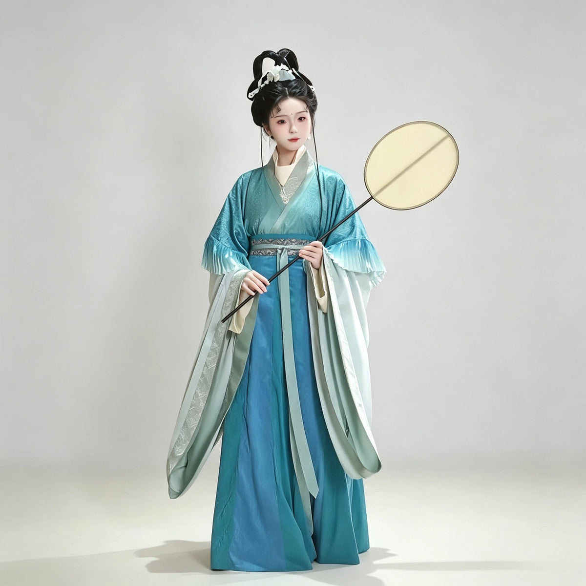 Women's teal gradient crossover Hanfu robe and flowing Ruqun skirt