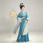 Jacquard teal Hanfu with a crossover collar and layered skirt