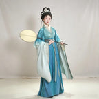 Blue-green gradient Wei-Jin inspired Hanfu dress with long sleeves