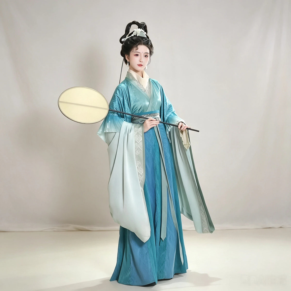 Blue-green gradient Wei-Jin inspired Hanfu dress with long sleeves