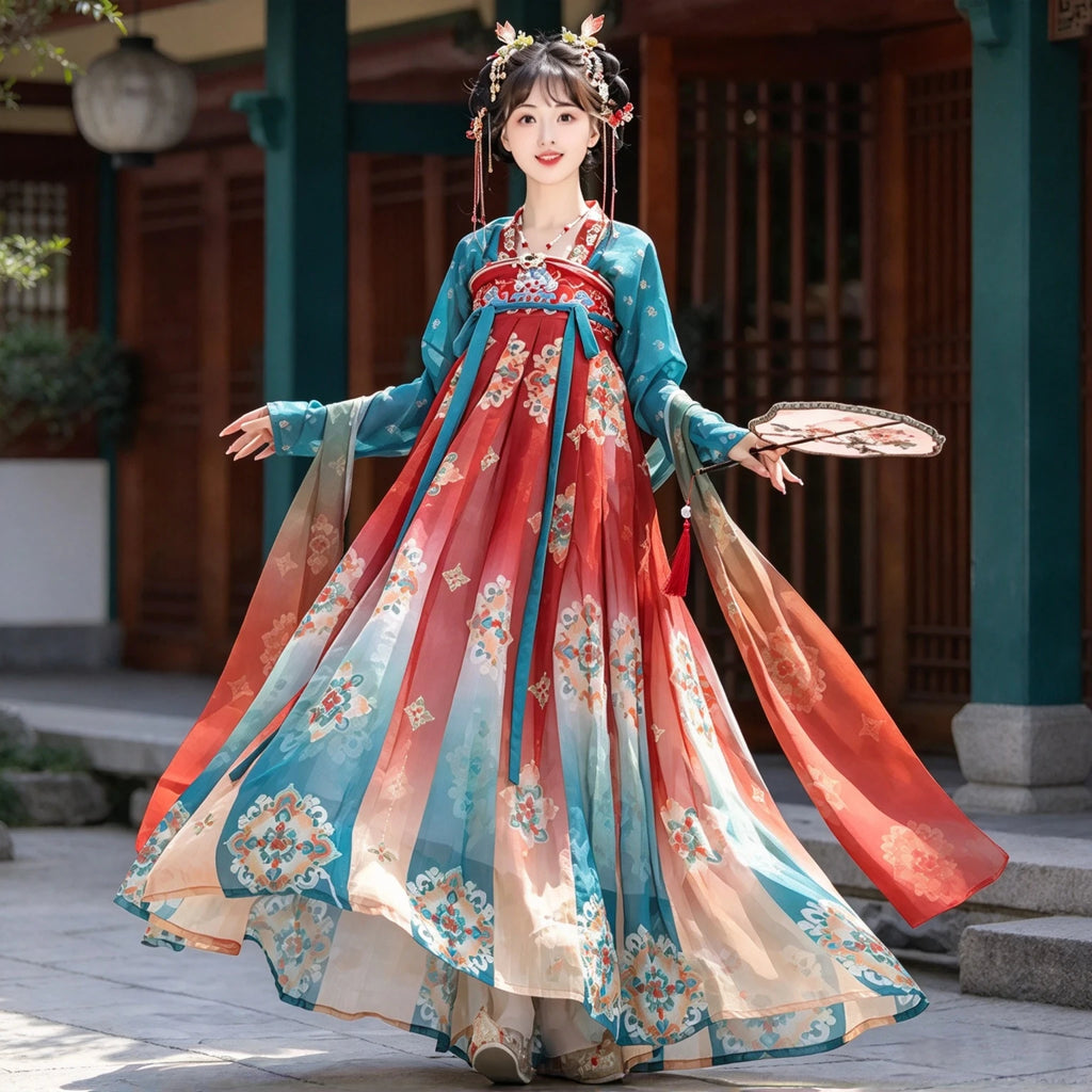 Teal and red Qixiong Ruqun with traditional-inspired patterns