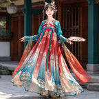 Teal and red Qixiong Ruqun with traditional-inspired patterns