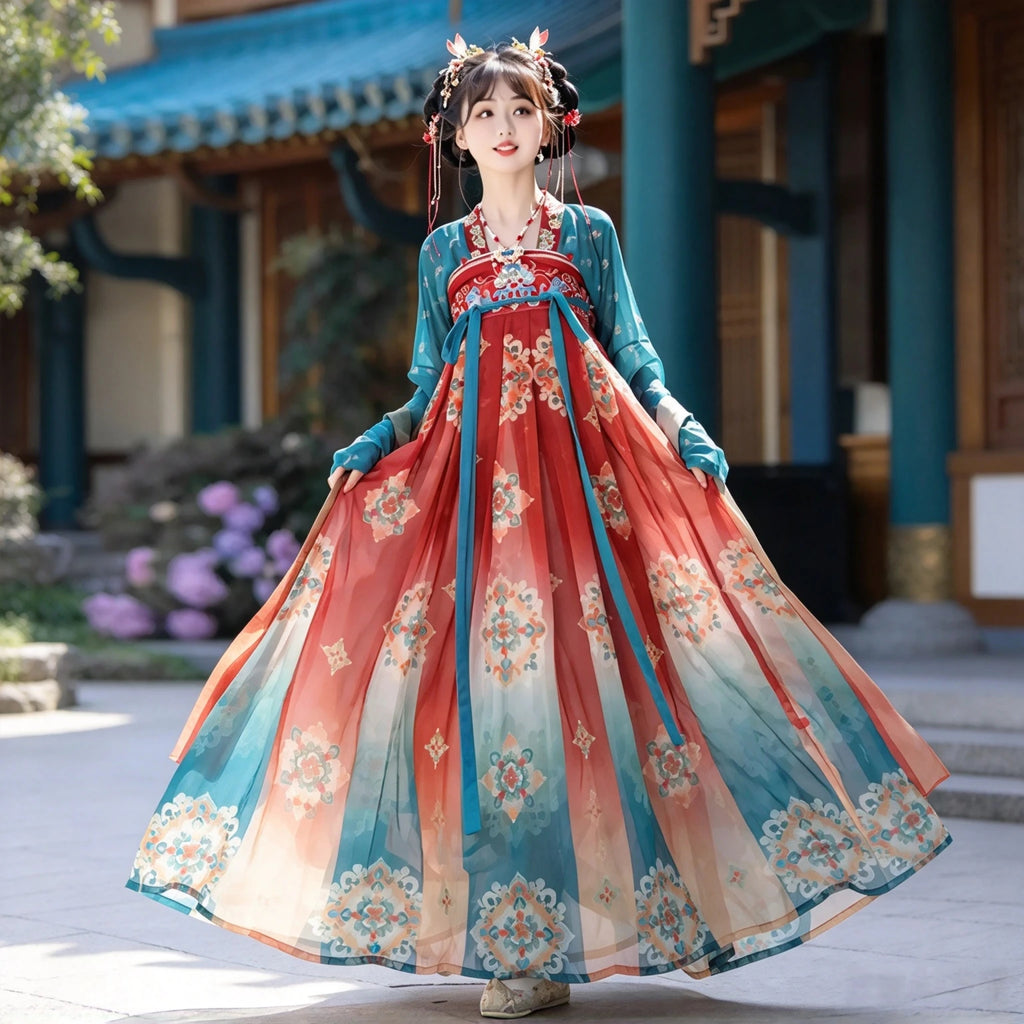 Women's teal and vermilion red high-waisted Hanfu dress