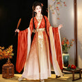 Terracotta red and champagne Wei-Jin style Hanfu with embroidered wide sleeves
