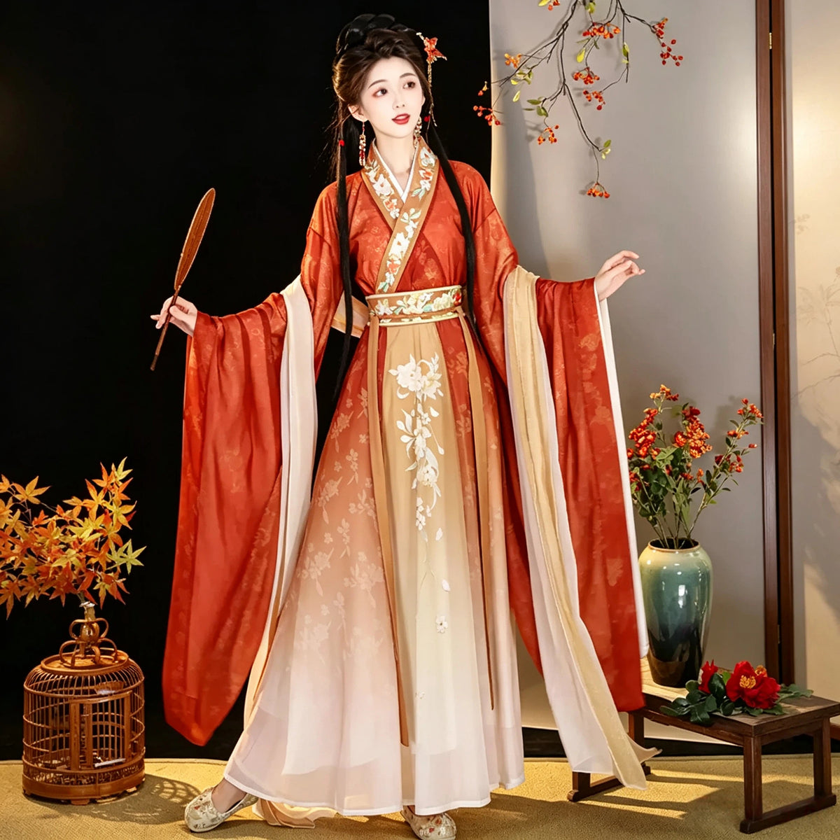 Terracotta red and champagne Wei-Jin style Hanfu with embroidered wide sleeves