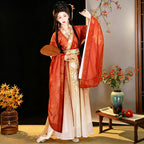 Wide-sleeve embroidered Hanfu top with a matching layered skirt