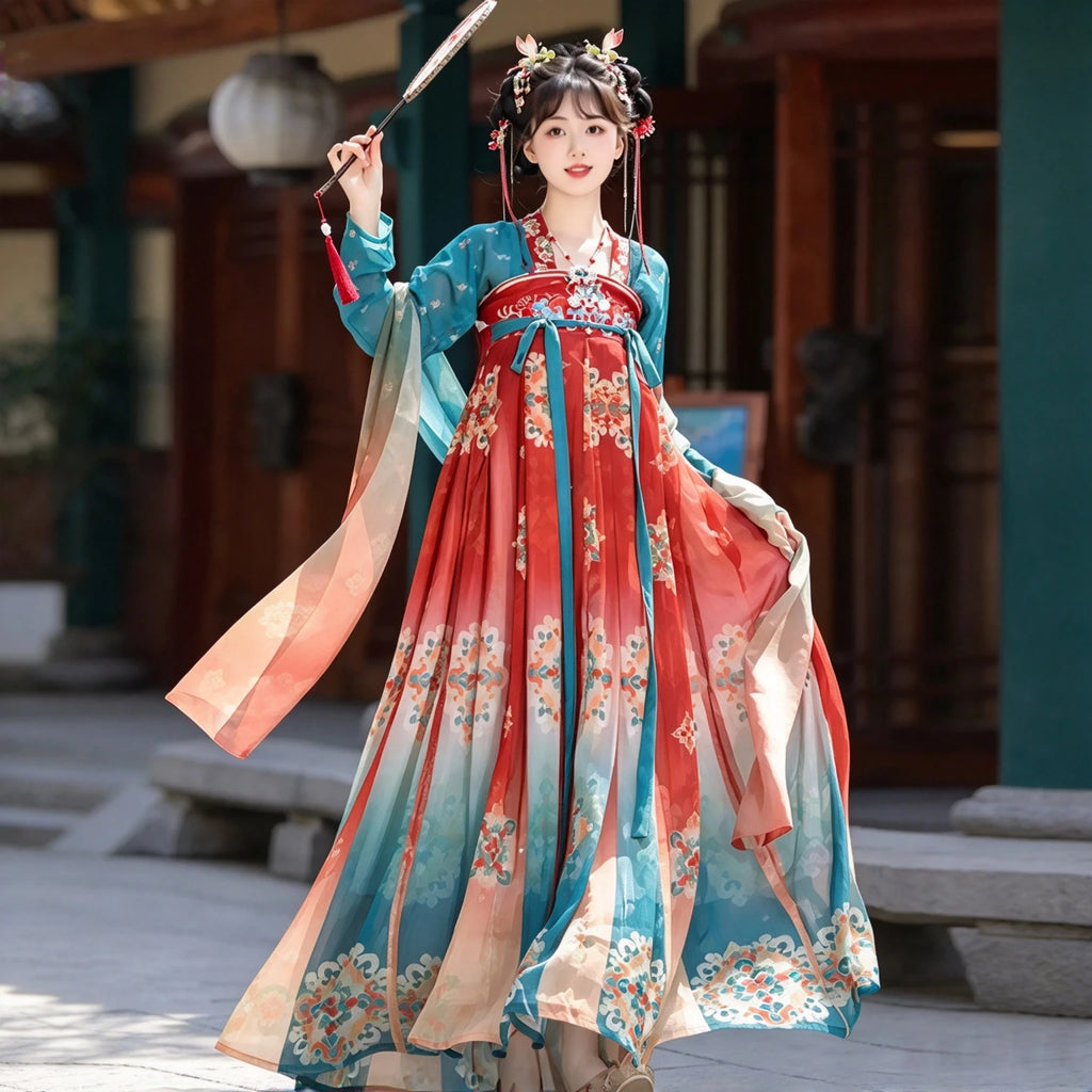Vintage-patterned Tang-inspired Hanfu in blue and red