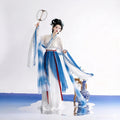 Blue and white Wei-Jin style Hanfu set with a wide-sleeve robe and layered skirt