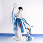 Blue and white Wei-Jin style Hanfu set with a wide-sleeve robe and layered skirt