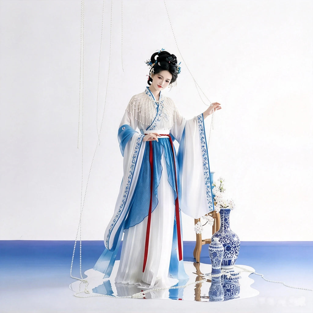 Women's Wei-Jin inspired Hanfu in pale blue and white with flowing sleeves