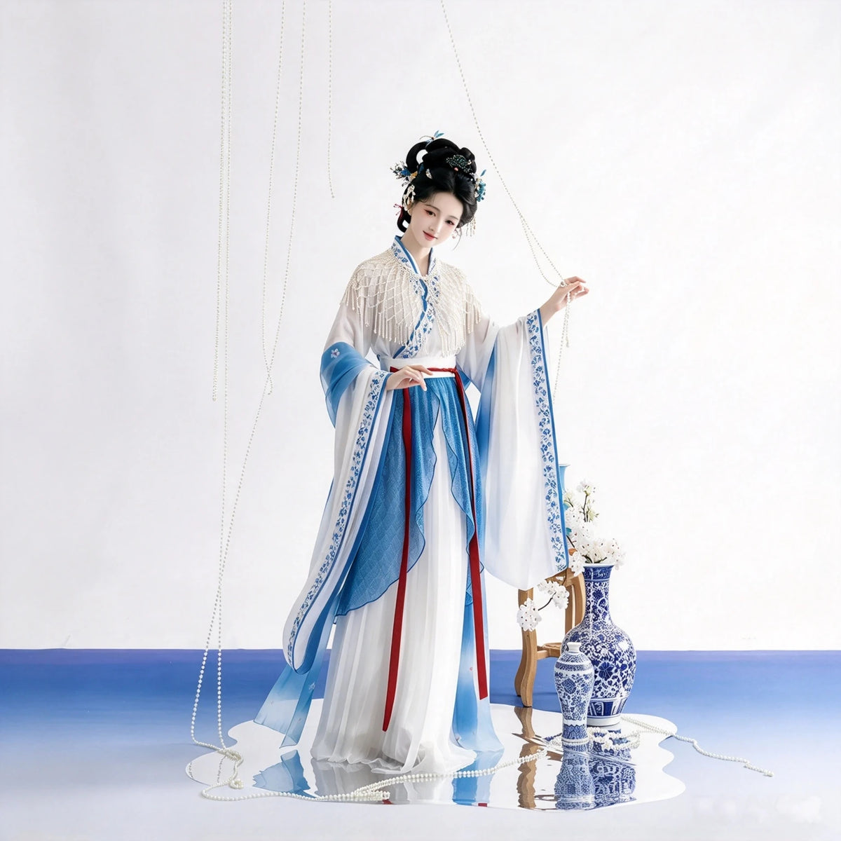 Flowing Wei-Jin style Hanfu outfit with layered blue and white fabric