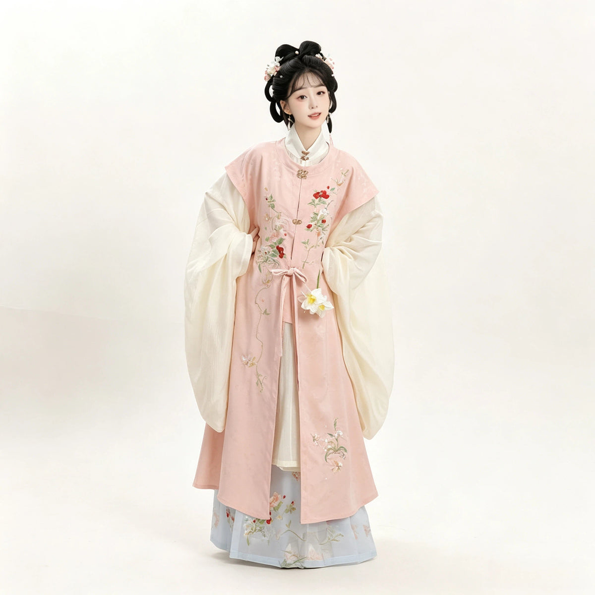White and blue Ming-style Hanfu with an embroidered Bijia vest and horse-face skirt