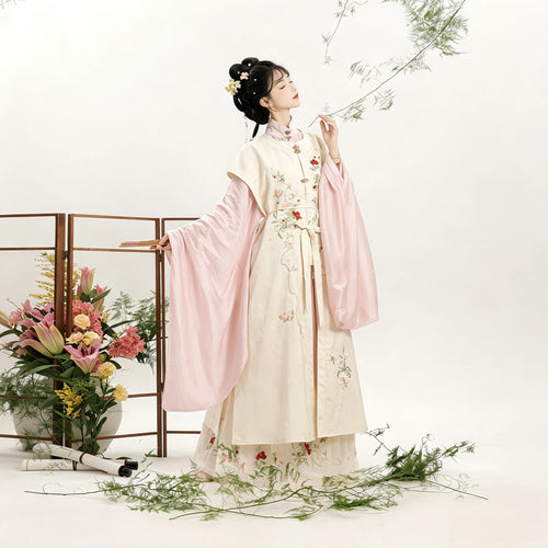 Women's white standing-collar Hanfu shirt with a blue outer vest
