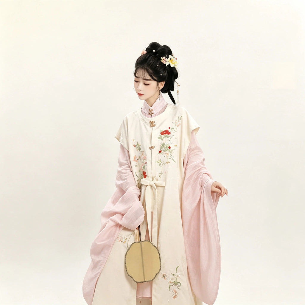 Traditional-inspired Hanfu set with blue vest and white pleated skirt