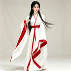 White and crimson red Wei-Jin style Hanfu with wide sleeves