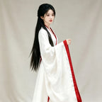 Wei-Jin inspired Hanfu with contrast red trim and layered skirt