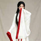 Flowing white Hanfu robe and crimson red Ruqun skirt outfit