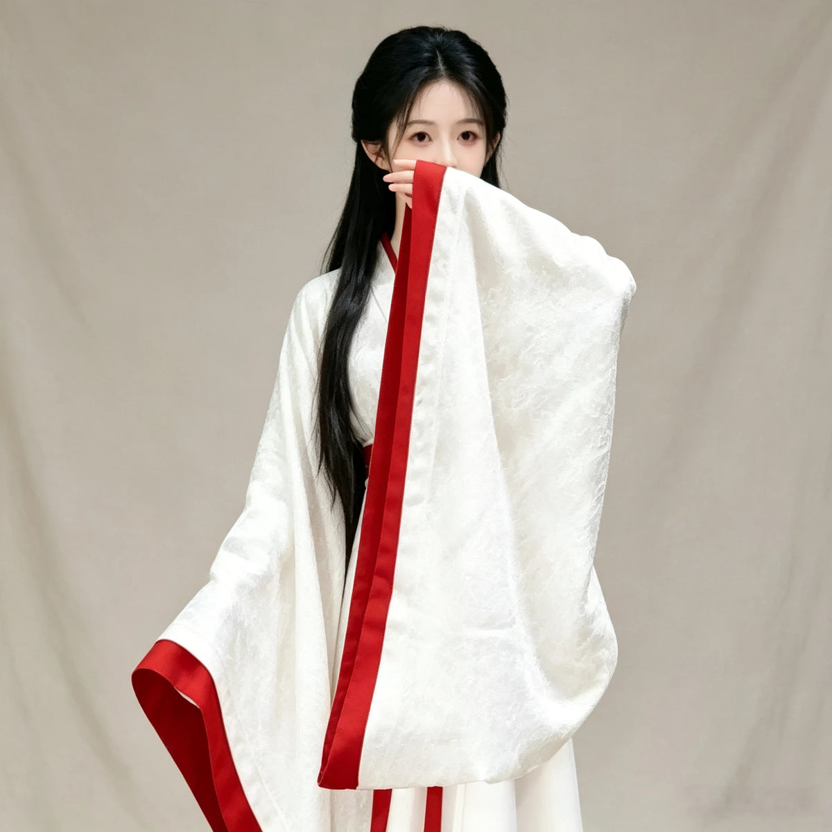 Flowing white Hanfu robe and crimson red Ruqun skirt outfit